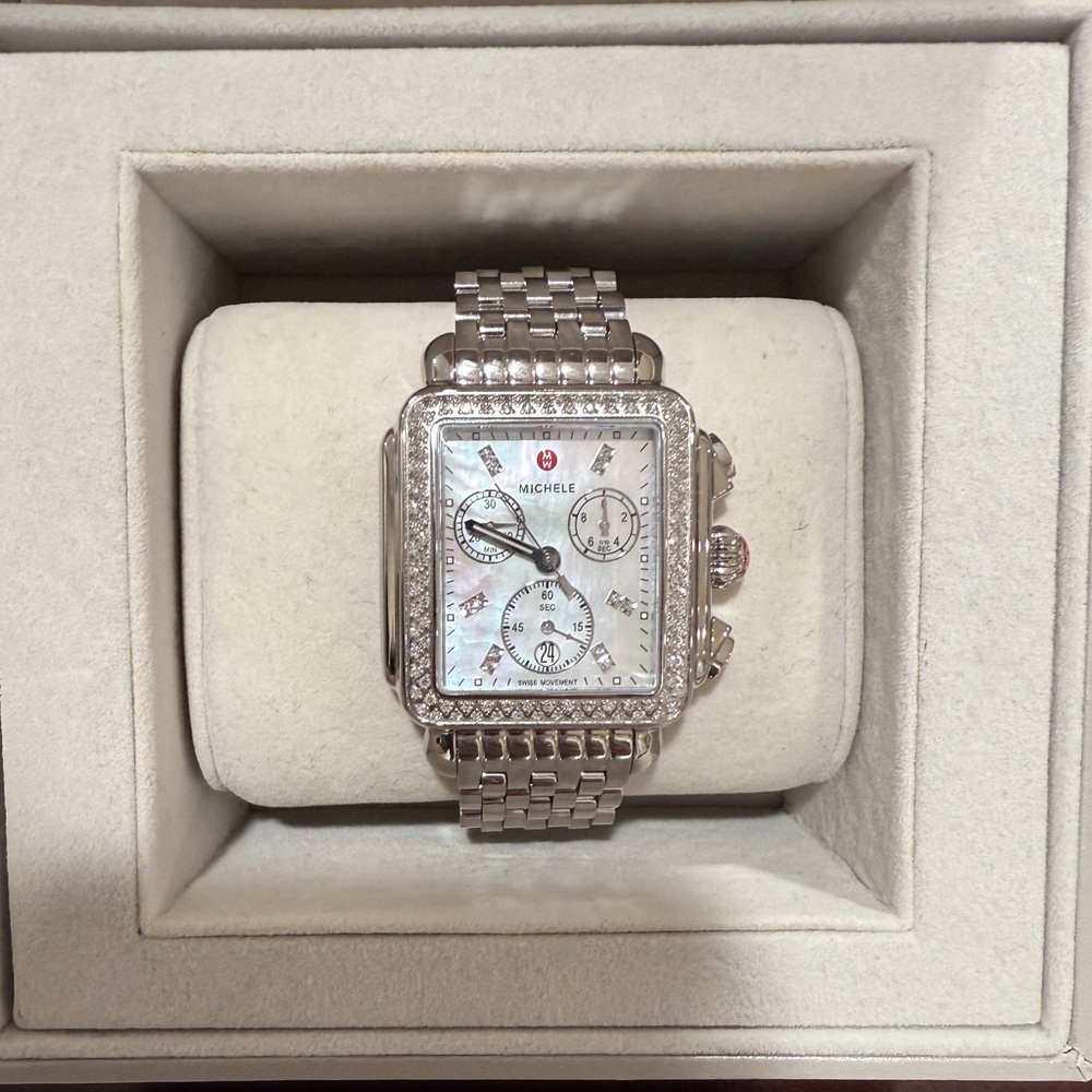 Michele Silver Deco Diamond High Shine Stainless Steel Watch